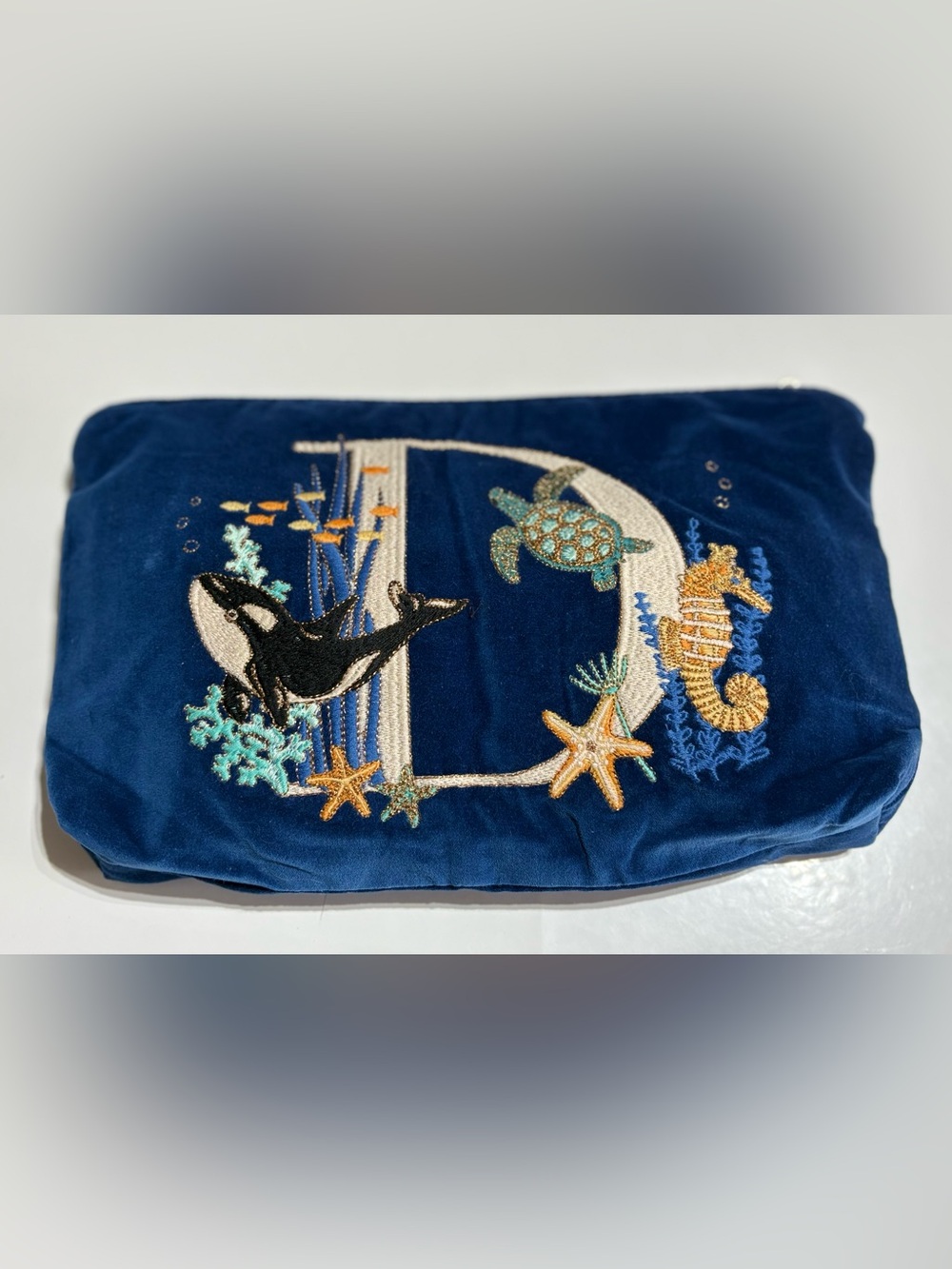 Elizabeth Scarlett Marine Monogram “D” Velvet Everyday Pouch Navy Embroidered